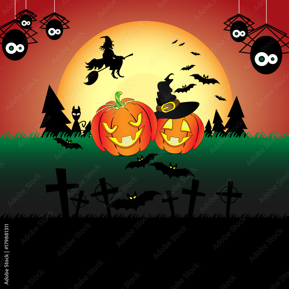 Happy Halloween scene. Pumpkin, witch, bats - very underlines holiday.