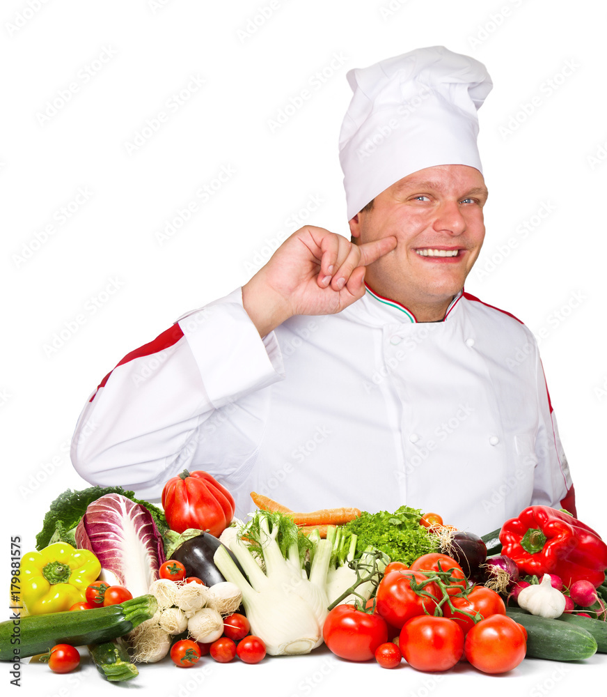 smiling chef with fresh vegetables smiling chef with fresh vegetables