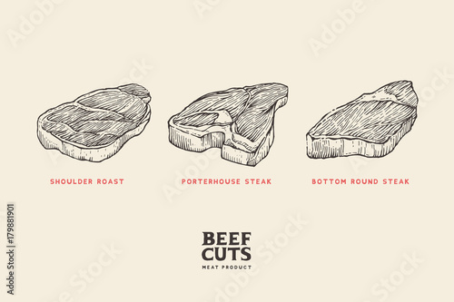 Set different cuts of meat: shoulder roast, porterhouse steak, bottom round steak. Hand drawing pictures for concept of farmer's market and shop. Vector Vintage Illustration.
