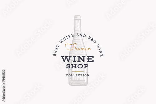 Wines of France. Vector logo of wine store with bottle of champagne on white background. Engraved style.