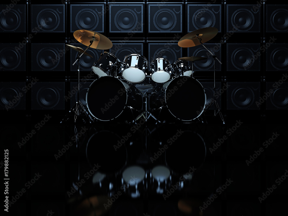 Black drum set in a dark room, on a background of guitar amps. 3D Render