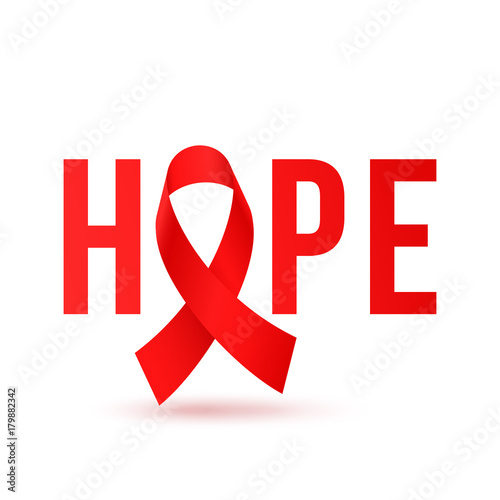 World AIDS day red ribbon logo symbol poster for 1 December awareness poster. Vector HIV and AIDS support day ribbon symbol or emblem badge on white background