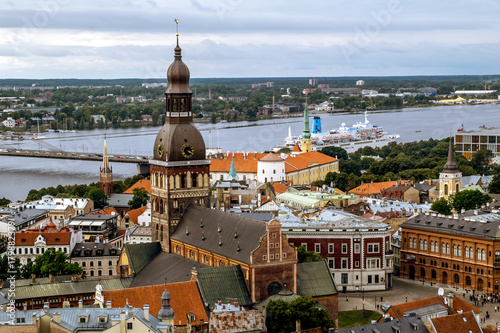 View from St. Peter Church to the Cathedral and cable-stayed bridge and Riga's old town.