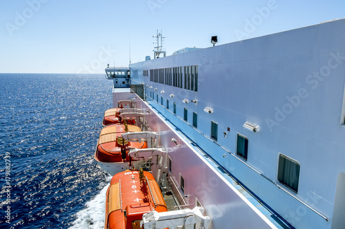 The view from the top deck of the ferry GNV "Splendid" on the horizon of the Mediterranean sea.