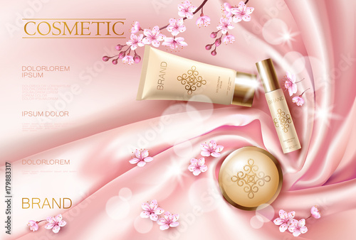 Sakura flower cosmetic promotional poster template. Pink petal blossom japanese branch. Golden pink package realistic 3d face care flat lay top view silk satin vector illustration