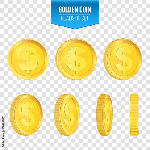 Creative vector illustration of 3d gold coins floating in different perspective. Isolated on transparent background. Dollar sign. Realistic money. Art design. Abstract concept graphic element.