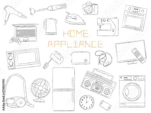 hand-drawn household appliances on a white background