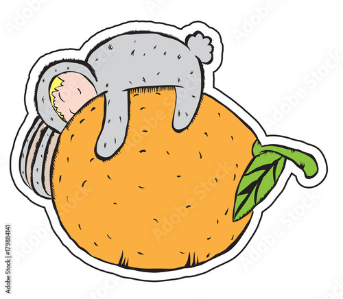 small bunny sleeps on an orange, sweet fruit, citrus dream, vector image, cartoon character,colorful sticker,outline style,