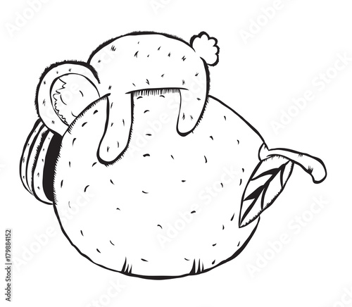 small bunny sleeps on an orange, sweet fruit, citrus dream, vector image, cartoon character,black and white image,outline style,