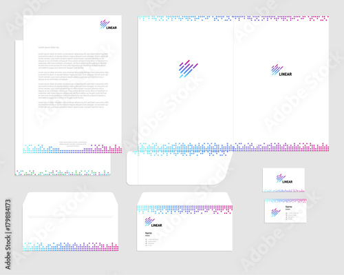 Business corporate identity set vector template, white background, colorful square, linear logo. Card, blank, folder, envelope.
