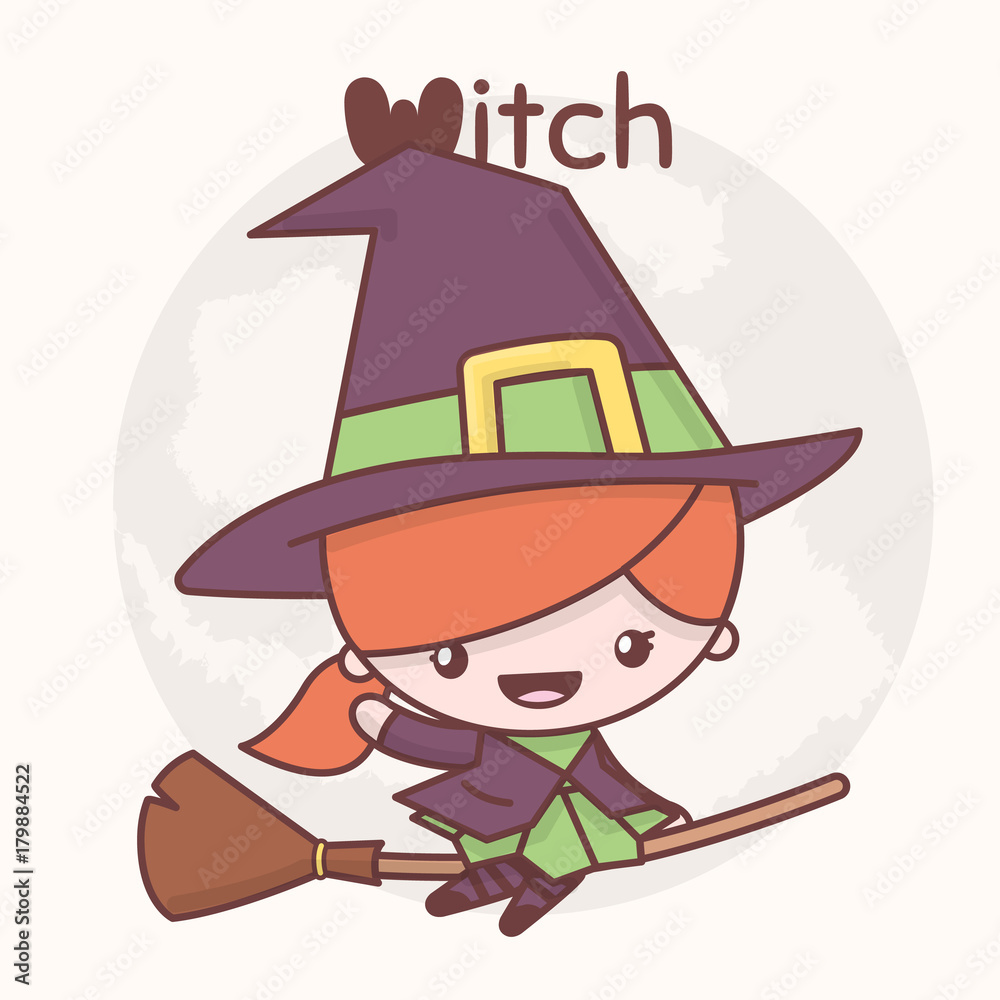 Cute chibi kawaii characters Halloween set. Witch on a broomstick in the  background of the moon. Flat cartoon style vector de Stock | Adobe Stock