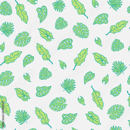 Seamless background with pixel tropical leaves