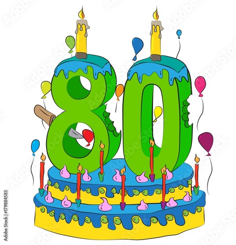 80 Birthday Cake With Number Eighty Candle, Celebrating Eightieth Year of Life, Colorful Balloons and Chocolate Coating