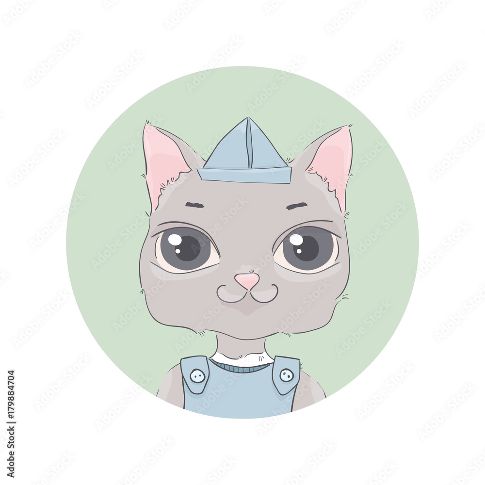 Cat. round icon with an animal. Cute cartoon style for baby product