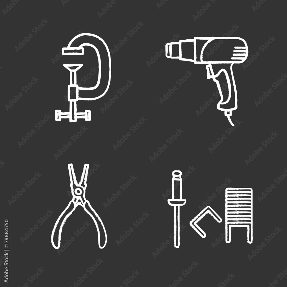 Construction tools chalk icons set