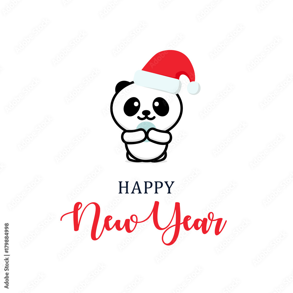 Cute panda in a New Year hat. Christmas character illustration. New year vector minimalistic logo Cute panda in a New Year hat. Christmas character illustration. New year vector minimalistic logo
