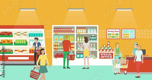 People doing grocery shopping at the supermarket