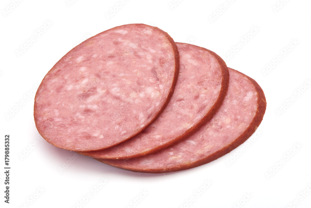 Salami smoked sausage slices, isolated on white background. Salami smoked sausage slices, isolated on white background.