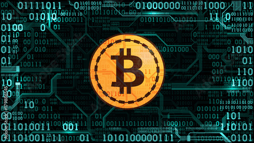 Symbol of crypto currency bitcoin on the background of binary code and printed circuit board, well organized layers