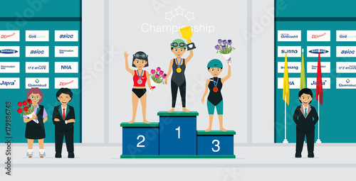 Female athletes are receiving medals and trophies.
