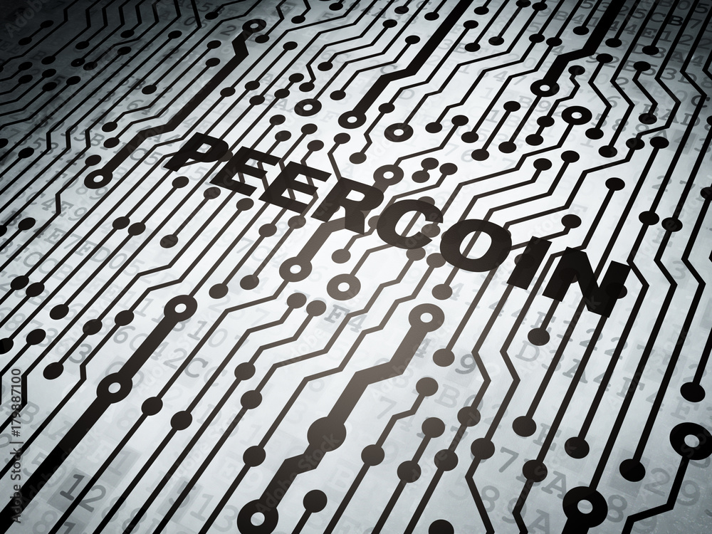 Fototapeta premium Blockchain concept: circuit board with word Peercoin, 3D rendering