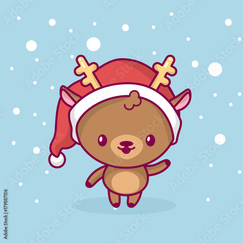 Lovely cute kawaii chibi. The deer is standing and waving his hand under the snow. Merry christmas and a happy new year photo