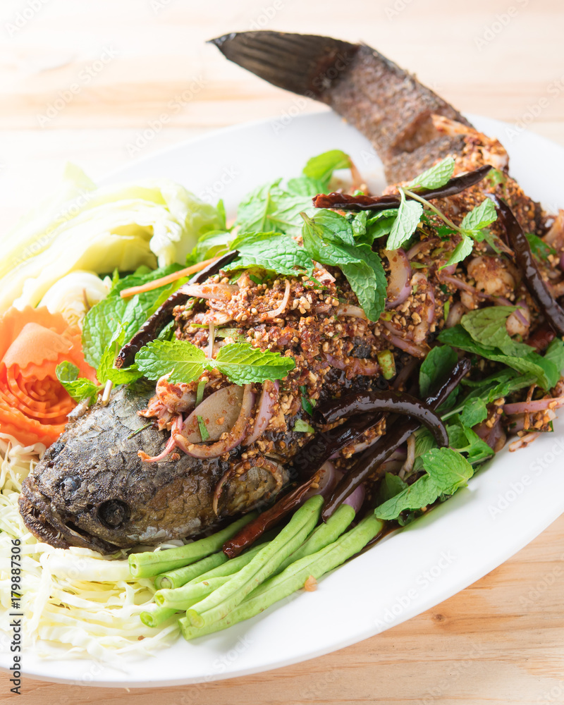 Deep Fried Snakehead Fish with Herb and Spicy Sauce,Thai food
