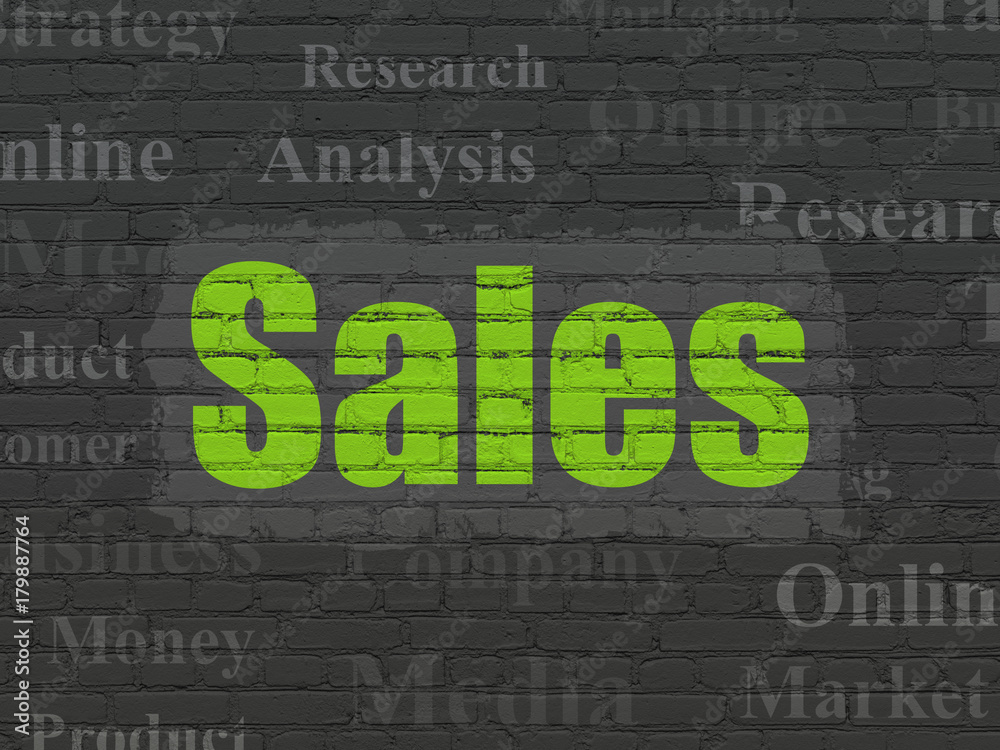 Marketing concept: Painted green text Sales on Black Brick wall background with Tag Cloud Marketing concept: Painted green text Sales on Black Brick wall background with Tag Cloud