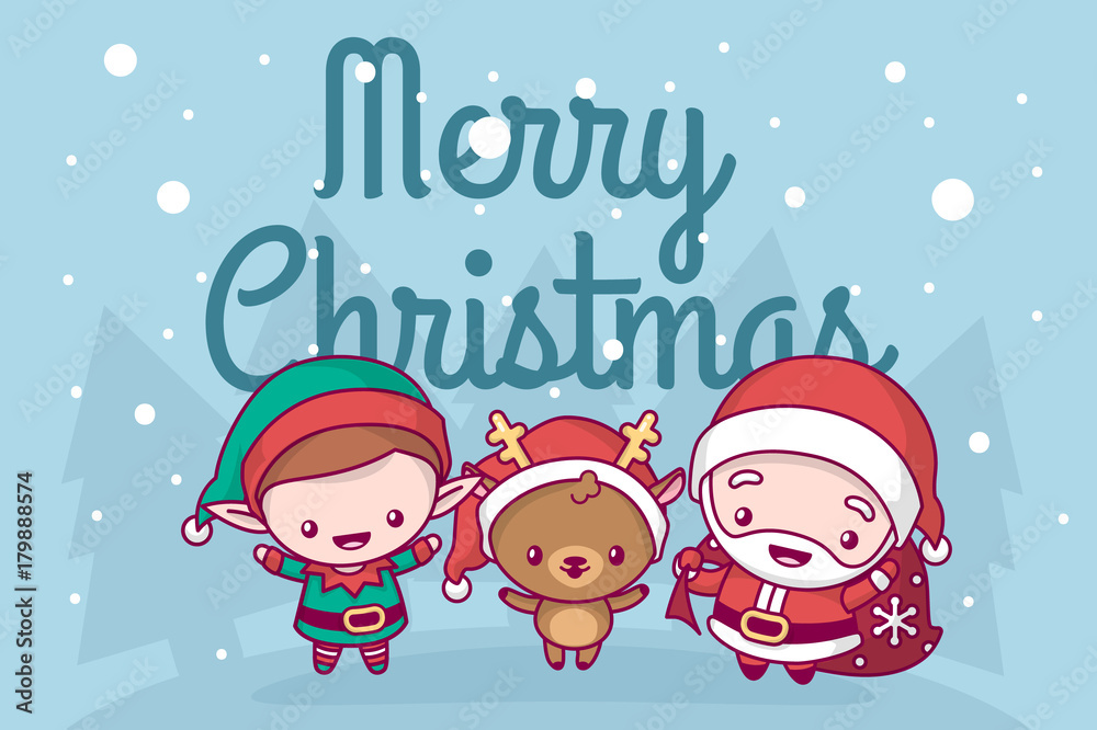 Fototapeta premium Lovely cute kawaii chibi. santa claus, deer and elf under the snow. Merry christmas and a happy new year. greeting card