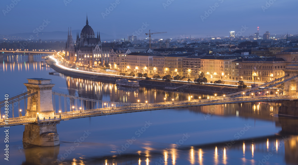 Beautiful panorama of bridge and building  Parliament in Budapest in twilight time, Hungary