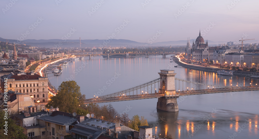 City view of bridge with lighting in early morning in Budapest, Hungary