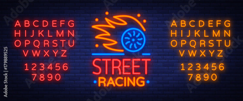 Street racing logo emblem template vector logo in neon style. A glowing sign on the theme of the races. Neon sign, light banner. Editing text neon sign. Neon alphabet