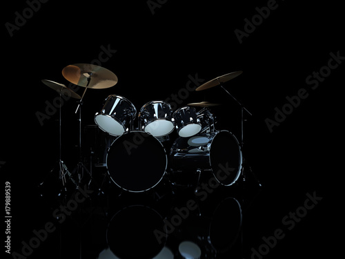 Drum set in a dark space. 3D Render
