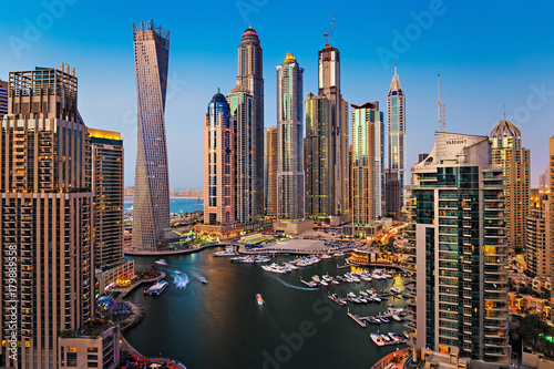 General view of Dubai Marina at twilight from the top photo