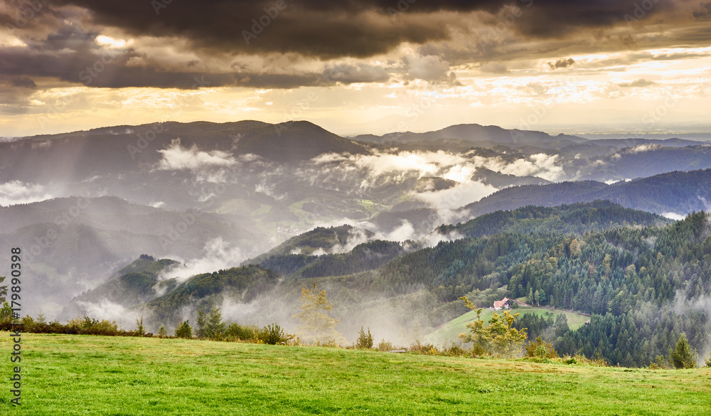 Dramatic sky at rainy day in Black Forest in Germany / Wide panoramic photo of Black Forest nearby Freudenstadt