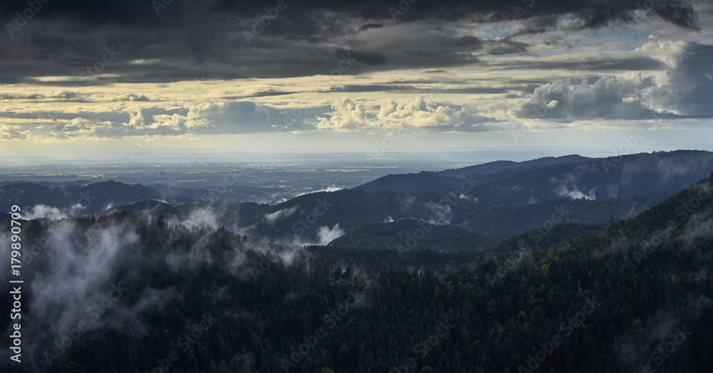 Dramatic sky at rainy day in Black Forest in Germany / Wide panoramic photo of Black Forest nearby Freudenstadt