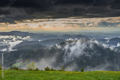 Dramatic sky at rainy day in Black Forest in Germany / Wide panoramic photo of Black Forest nearby Freudenstadt photo