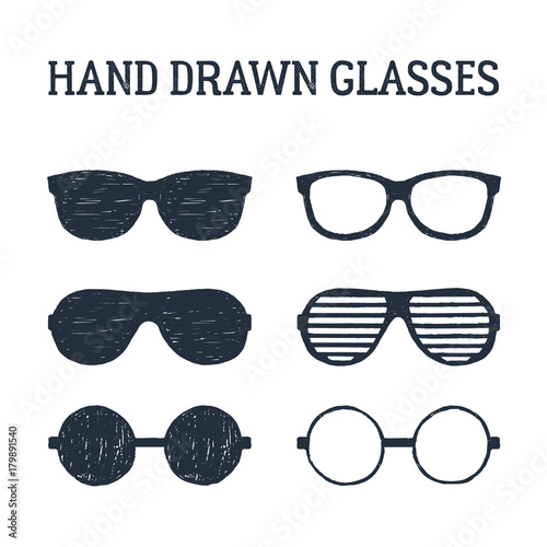 Hand drawn eye glasses and sunglasses textured vector illustrations set.