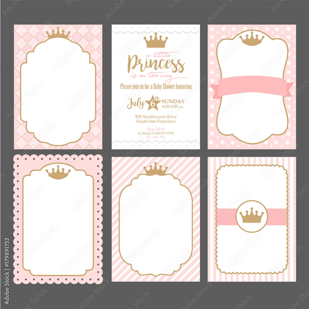 A set of cute pink templates for invitations. Vintage gold frame with crown. A little princess party. Baby shower, wedding, girl birthday invite card. Can be used for printing in A5 paper. - obrazy, fototapety, plakaty 