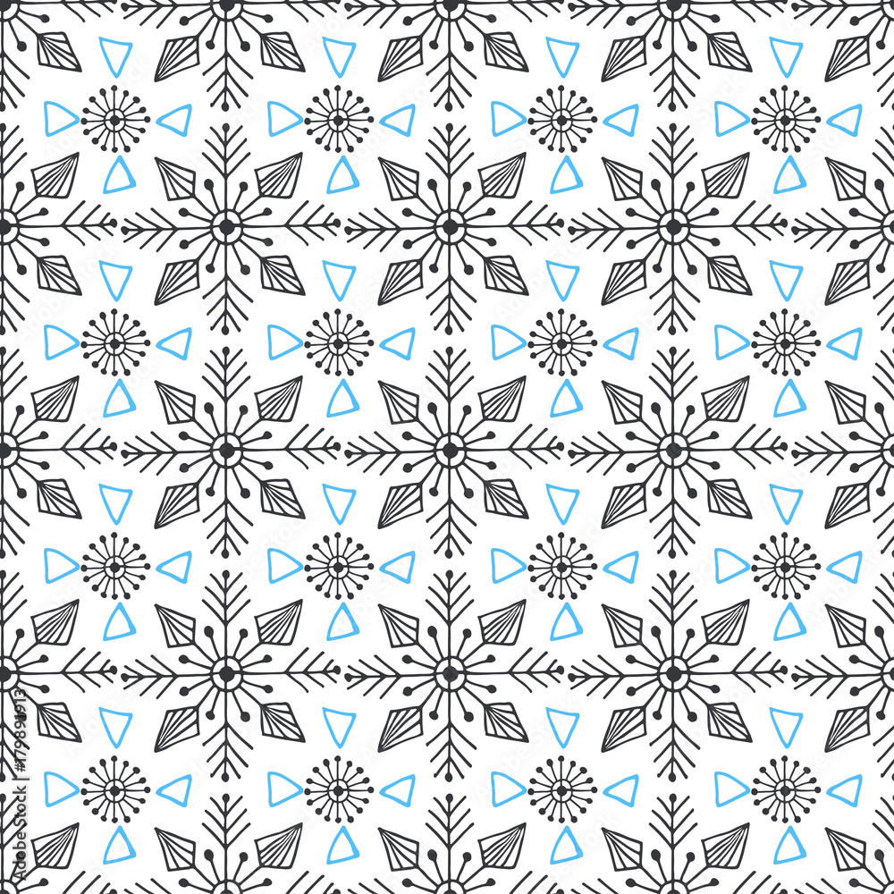 Snowflakes ornamental seamless pattern. Texture for Christmas decorations. Abstract endless background. Vector design for textile or wrapping paper. Snowflakes ornamental seamless pattern. Texture for Christmas decorations. Abstract endless background. Vector design for textile or wrapping paper.