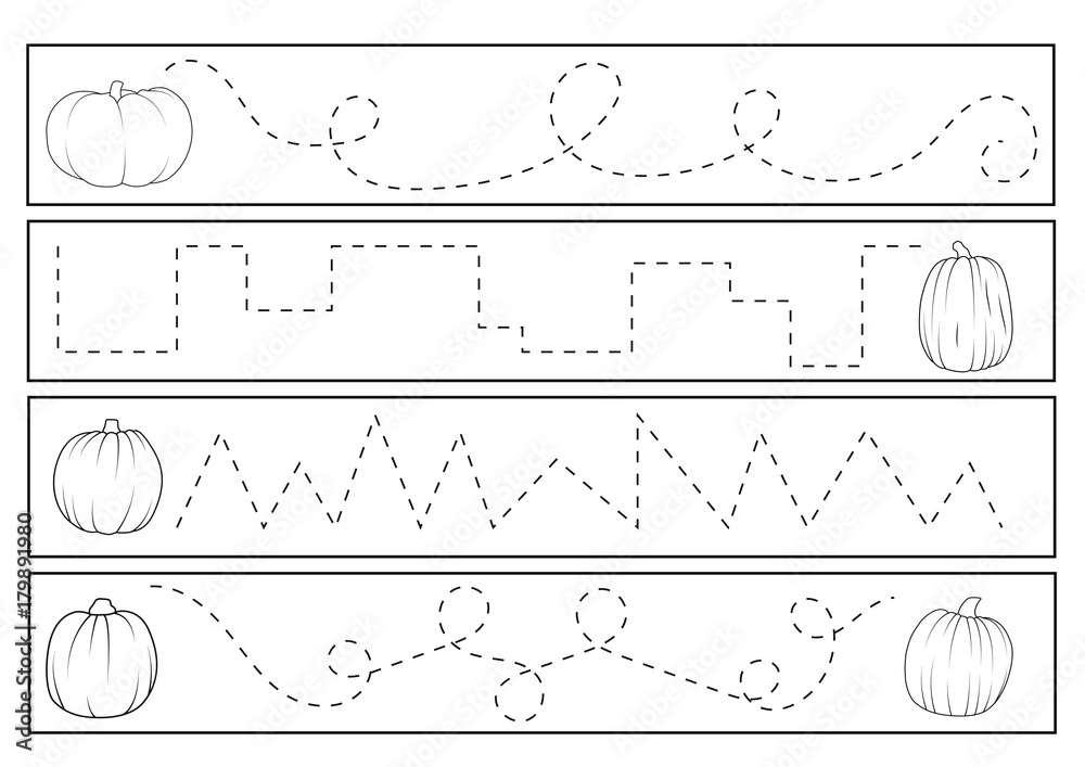 Paint lines game for kids. Vector illustrations. Pumpkin characters for preschool education