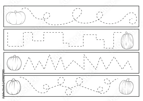 Paint lines game for kids. Vector illustrations. Pumpkin characters for preschool education
