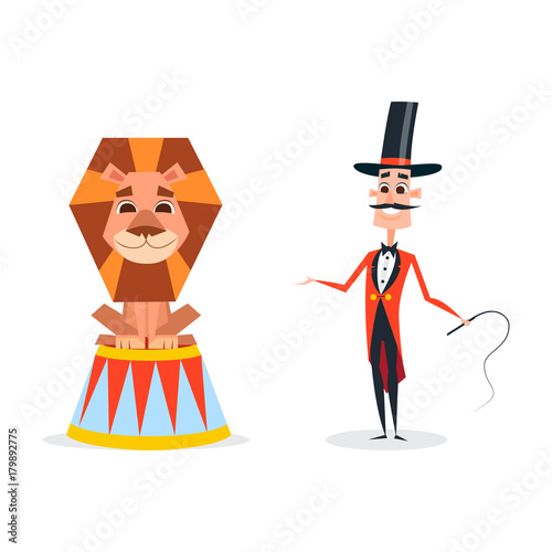Circus trainer with a whip in a red suit. An animal tamer stands next to a smiling lion.