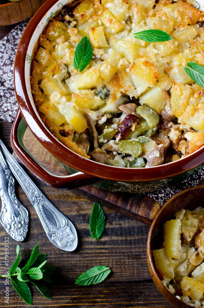 Potato casserole with meat, mushrooms and pickled cucumbers Potato casserole with meat, mushrooms and pickled cucumbers