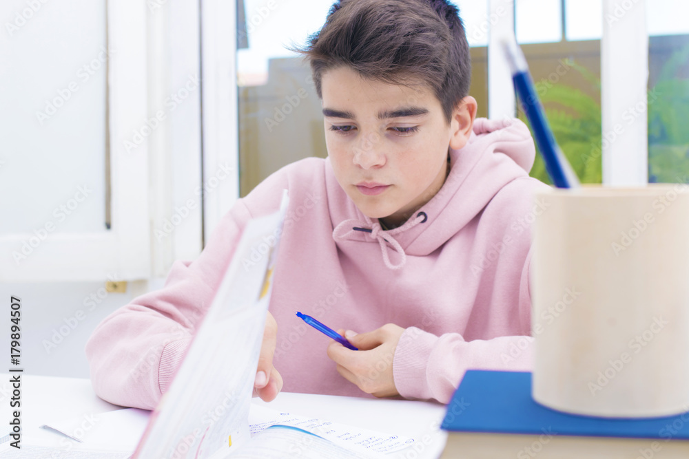 child writing and studying at the desk child writing and studying at the desk