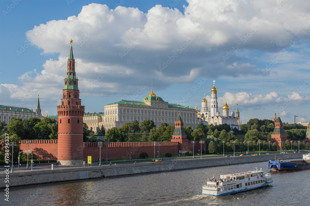 View of Moscow Kremlin, historical and touristic landscape on the bank of Moscva river