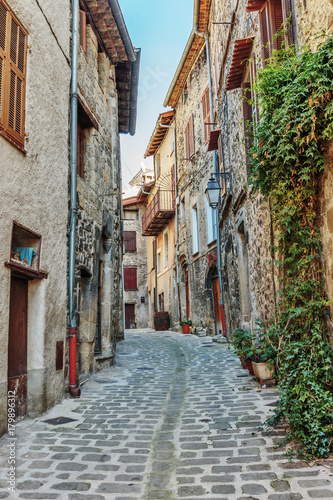 Narrow cobbled streets in the old village Lyuseram  France