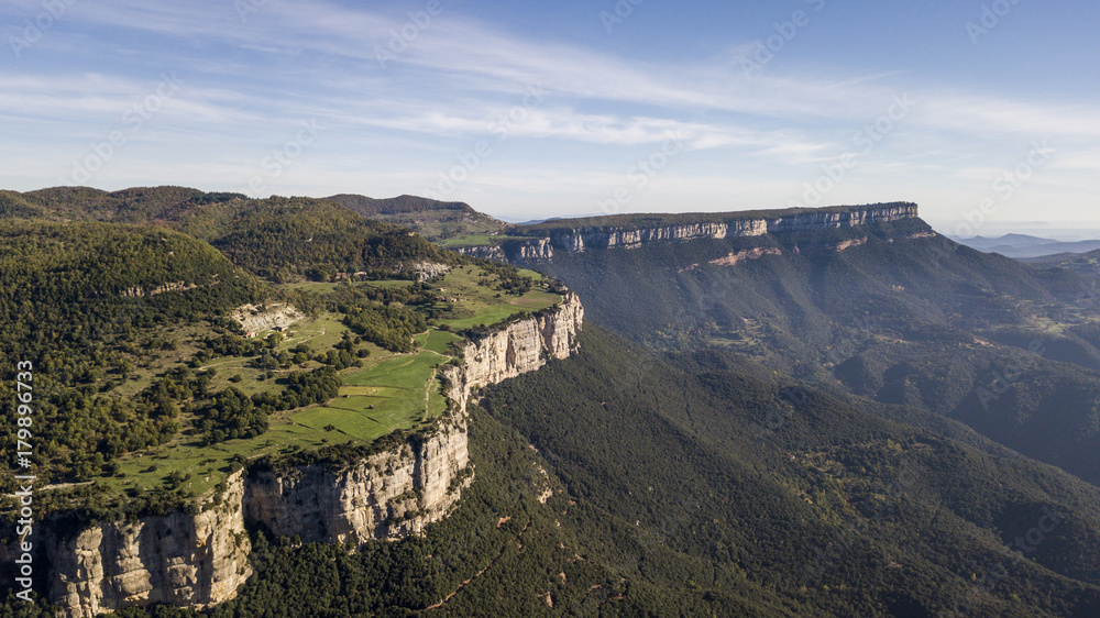 Aerial view of sheer cliffs near Rupit in Catalonia