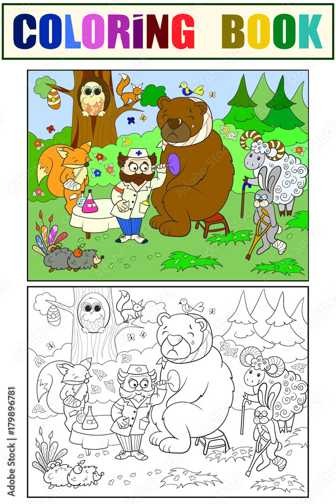 Fototapeta premium Veterinarian treats animals in the forest vector illustration
