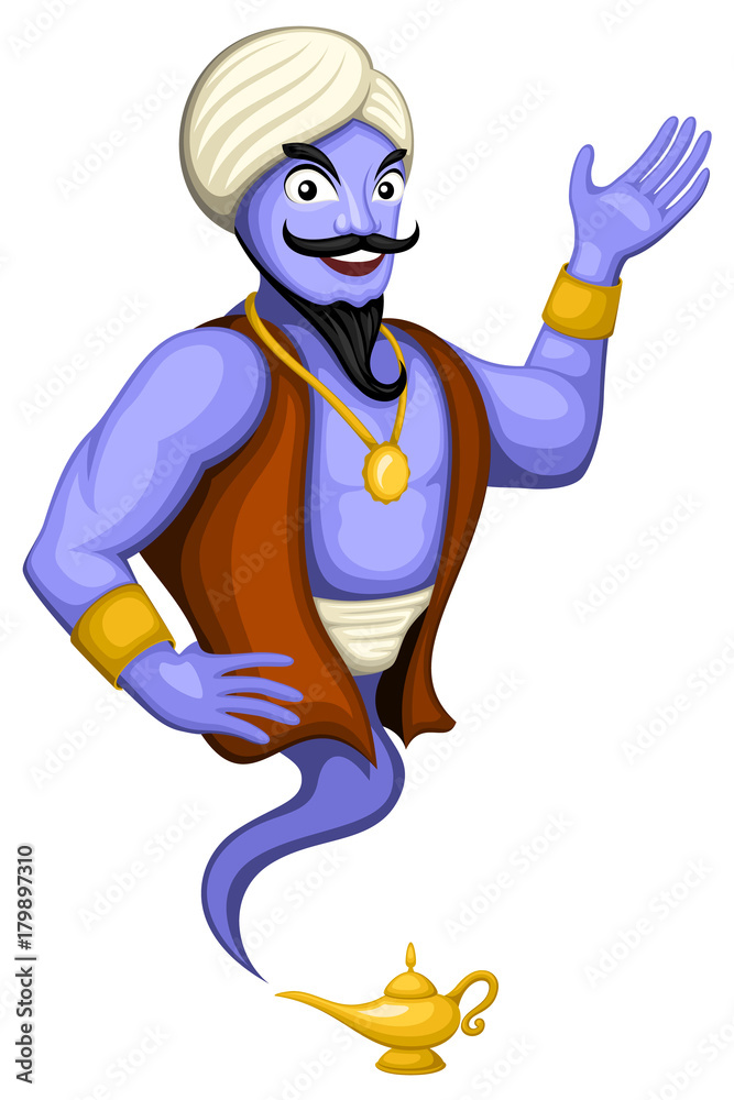 Vector illustration of a cartoon genie and his lamp. Stock Vector